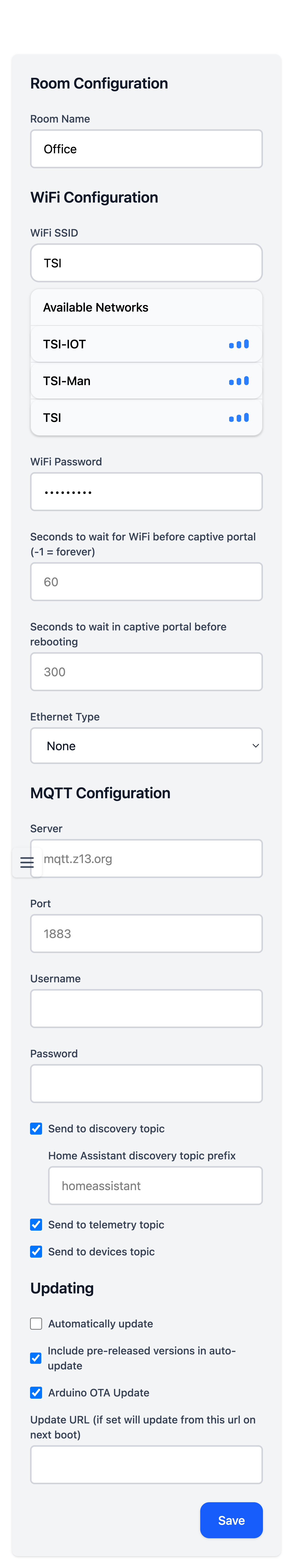 Screenshot of ESP32 initial settings interface